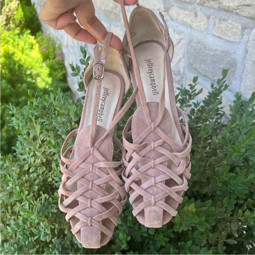 Jeffrey Campbell Pink Suede Kithira Micro Wedge Sandal Anthropologie 8.5 EUC